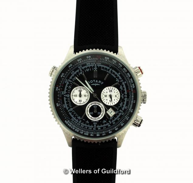 *Gentlemen's Rotary wristwatch, circular black dial, with baton hour markers, date aperture and