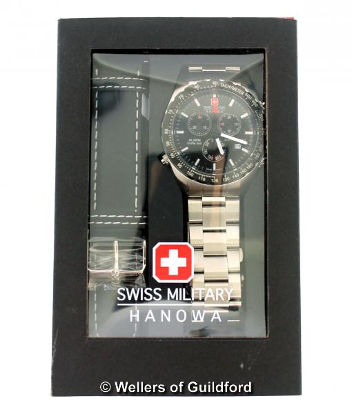 *Gentlemen's Swiss Military Hanowa wristwatch, circular black dial, with baton hour markers, date