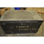 Metal bound pine trunk, F.Roper 1st Essex Reg. iron handles, 33 x 63 x 39cm