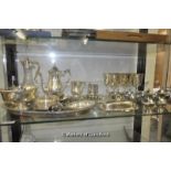 A quantity of silver plated wares to include goblets, tray, teapot and so on.