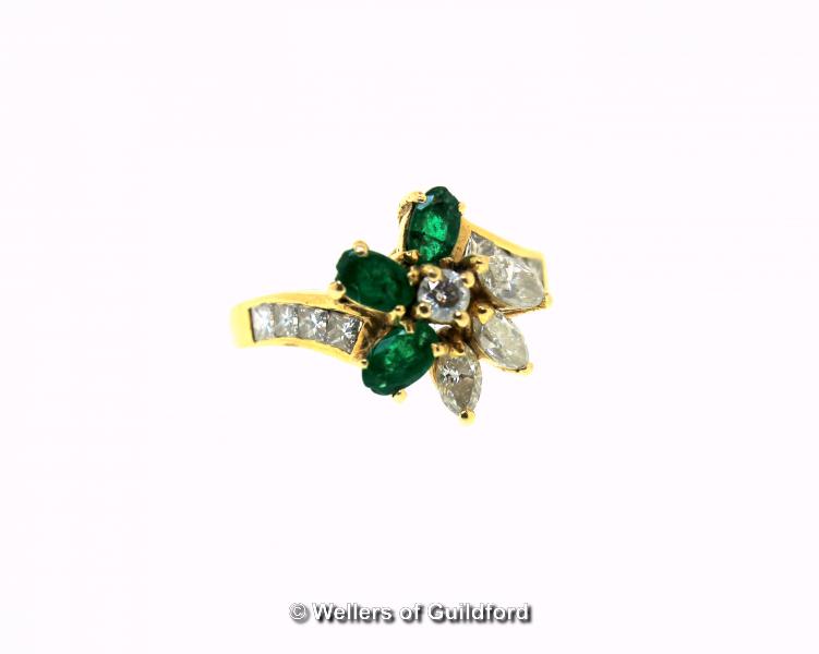 Emerald and diamond cluster ring, central round brilliant cut diamond surrounded by three marquise - Image 2 of 2