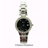 *Ladies' Seiko stainless steel wristwatch, circular black textured dial, with date aperture and