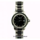 *Ladies' Longines Conquest wristwatch, circular black dial, with diamond set bezel, diamond dot hour