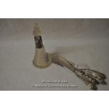 A cut glass scent bottle with silver collar, Birmingham 1905; three butoon hooks and a shoe horn,