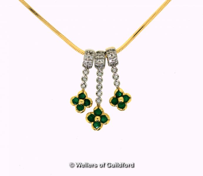 Emerald and diamond pendant necklace, three separate pendant drops mounted with round brilliant