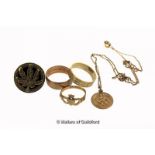 *Selection of 9ct gold jewellery, including two wedding bands, a Claddagh ring, a dress ring, and