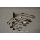A pair of silver teaspoons, silver salt spoon, a small quantity of plated cutlery, plated match