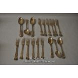 A set of six silver shell pattern table forks and matching dessert forks, London 1845; three