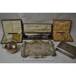 A small quantity of plated wares including a pair of fish servers, cigarette box, tray, teaspoons.