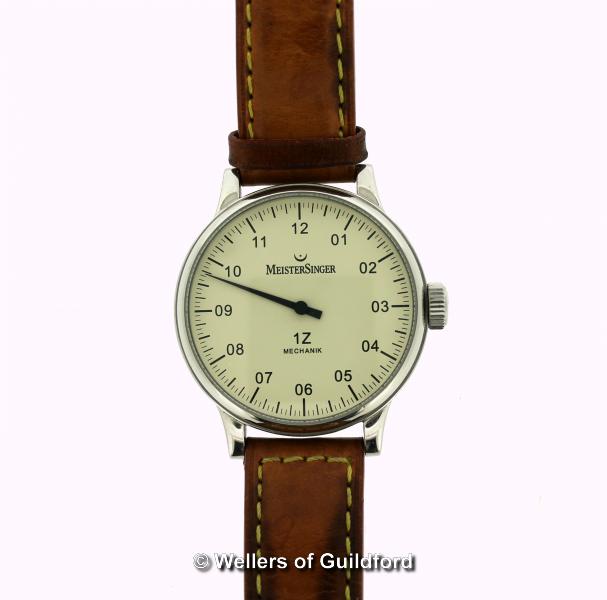 *Gentlemen's MeisterSinger IZ Mechanik wristwatch, circular cream dial with Arabic numerals, on a