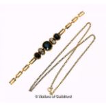 9ct yellow gold flat curb link necklace, length 46cm, weight 5.4 grams, together with a blue