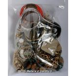 Bag of costume jewellery, including a silver pearl brooch and a pair of gold plated coral drop