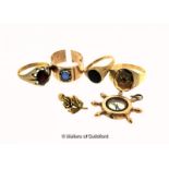 Four 9ct yellow gold stone set rings, together with a single 9ct yellow gold clip on earring and a