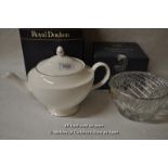 Wedgwood Signet Platinum teapot; Bohemian cut glass rose bowl. (2)