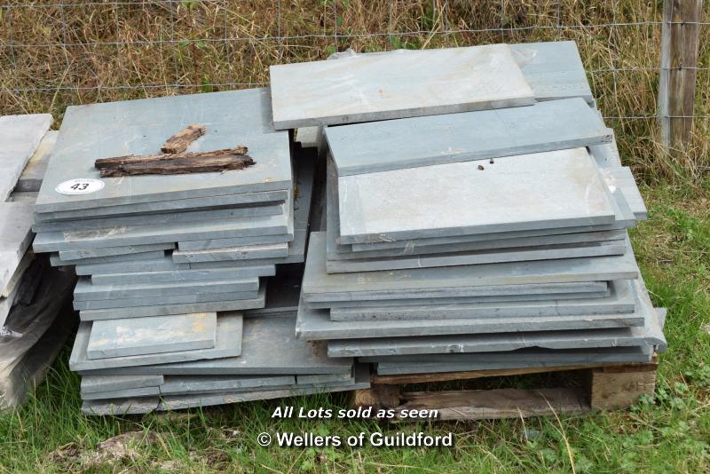 *PALLET OF APPROX FIFTY GREEN STONE TILES AND SLABS, VARIOUS SIZES