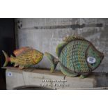 *TWO DECORATIVE IRON FISH LANTERNS, ONE WITH STAND