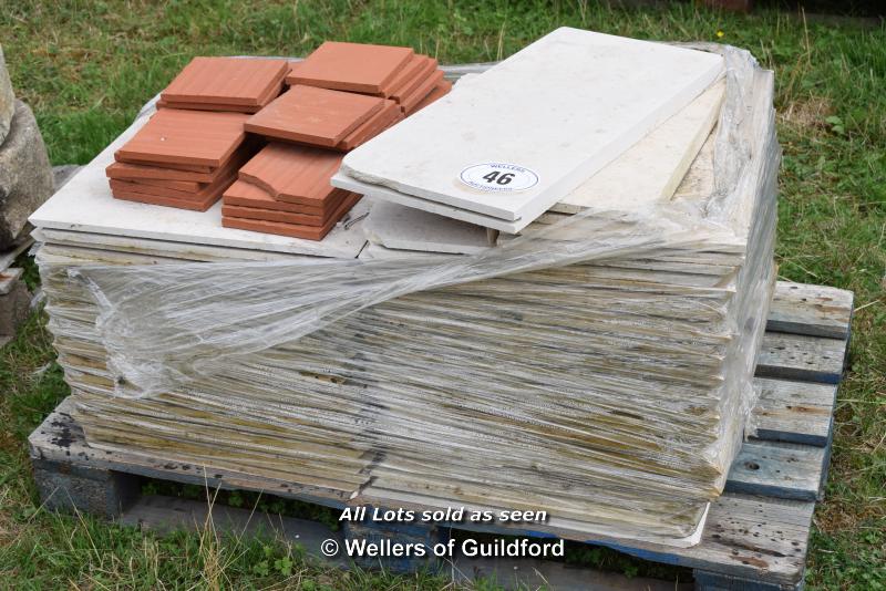 *PALLET OF APPROX THIRTY INTERLOCKING TILES, VARIOUS SIZES TOGETHER WITH CLAY FLOOR TILES