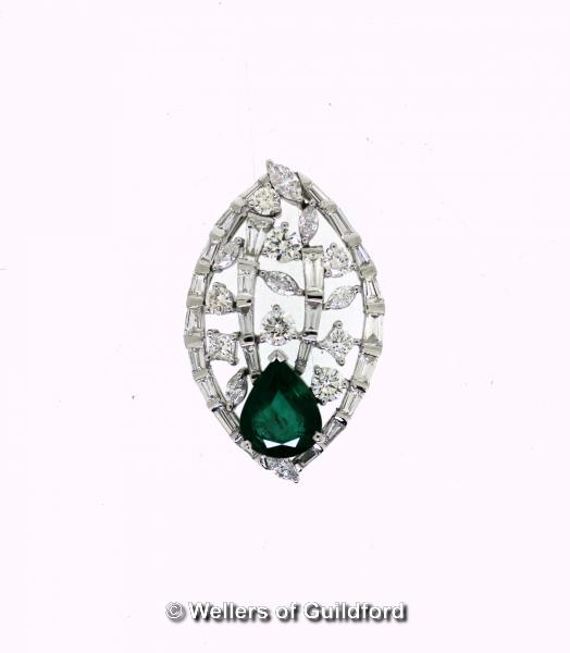 Emerald and diamond pendant, pear shaped emerald set at the bottom of an oval openwork pendant,