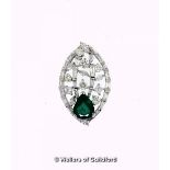 Emerald and diamond pendant, pear shaped emerald set at the bottom of an oval openwork pendant,