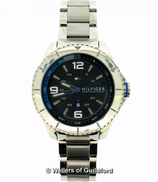 Gentlemen's Hilfiger stainless steel wristwatch, circular black textured dial, with baton hour