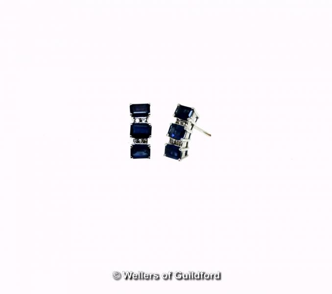 Sapphire and diamond earrings, each earring consisting of three rectangular step cut sapphires and - Image 2 of 2