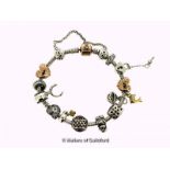 *Pandora bracelet with rose gold-plated clasp, twelve charms/spacers, length 18.5cm (Lot subject