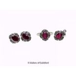 Ruby and diamond earrings, pendant and ring matching set, each consisting of an oval cut ruby with a