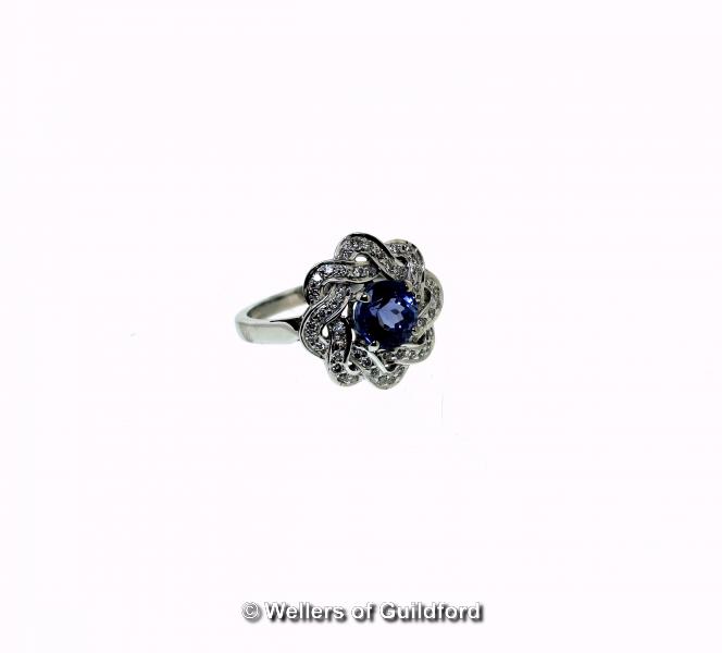 Tanzanite and diamond dress ring, round cut tanzanite surrounded by round brilliant cut diamonds set - Image 2 of 2