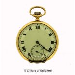 18ct gold cased pocket watch, cream ceramic dial with Roman numerals and subsidiary seconds dial,