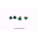 Emerald and diamond earrings, pendant and ring matching set, each consisting of a round cut