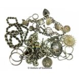 Selection of mostly silver jewellery, including a charm bracelet, a rope chain and a St