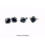 Sapphire and diamond earrings, pendant and ring matching set, each consisting of an oval cut