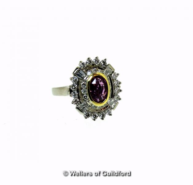 Pink sapphire and diamond cluster ring, oval cut pink sapphire rubover set in yellow metal, - Image 2 of 2