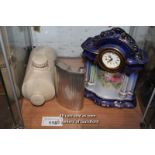 SMALL SHELF OF DECORATIVE ITEMS INCLUDING PORCELAIN CLOCK AND HIPFLASK