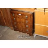 OAK BOW FRONTED FOUR DRAWER CHEST OF DRAWERS WITH ORNATE HANDLES, 760 X 460 X 850