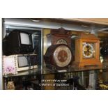 SHELF OF THREE MIXED CLOCKS AND TWO RETRO PORTABLE TVS