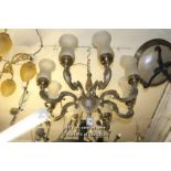 DECORATIVE BRASS EIGHT BRANCH CANDELABRA WITH FROSTED CUT GLASS SHADES
