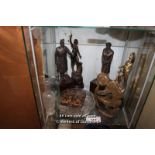 SMALL SHELF OF MIXED DECORATIVE ITEMS INCLUDING STATUES