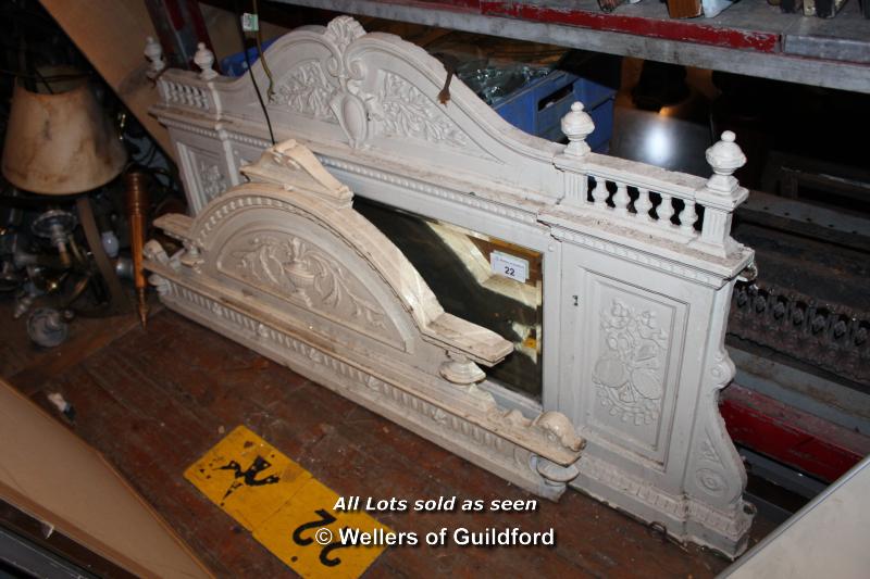 TWO MIXED CAST IRON OVERMANTELS, ONE MIRRORED AND ORNATE, 1420 X 720