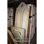 DECORATIVE GOTHIC STYLE THREE GLAZED PANELS OVER ONE PANEL DOOR, COMPLETE WITH ASSOCIATED OVER