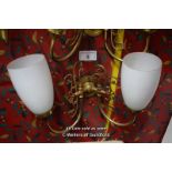 SET OF SEVENTEEN MATCHING BRASS DOUBLE WALL LIGHTS, MAINLY WITH WHITE OPAQUE GLASS SHADES