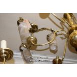 DECORATIVE BRASS THREE BRANCH DOWNLIGHTER WITH SCROLLDESIGN FROSTED SHADES