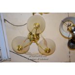 DECORATIVE BRASS THREE BRANCH CANDELABRA WITH FROSTED GLASS SHADES