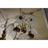 DECORATIVE BRASS FIVE BRANCH CANDELABRA WITH FROSTED GLASS FLOWER DESIGN SHADES