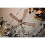 WOODEN AND METAL CEILING FAN WITH THREE LIGHT FITTINGS AND GLASS SHADES