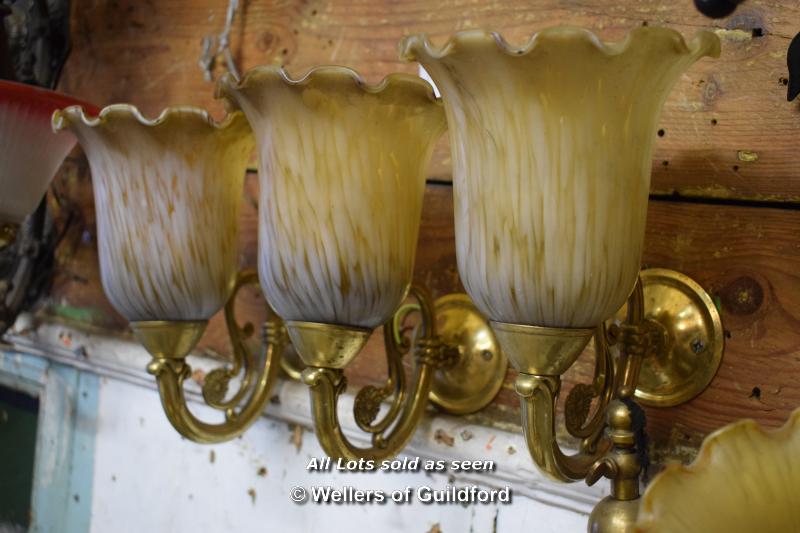 SET OF FOUR MATCHING BRASS SINGLE BRANCH WALL LIGHTS WITH FROSTED GLASS SHADES