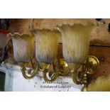 SET OF FOUR MATCHING BRASS SINGLE BRANCH WALL LIGHTS WITH FROSTED GLASS SHADES