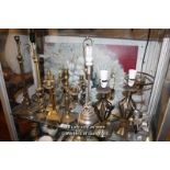 SHELF OF MAINLY LAMP BASES INCLUDING BRASS