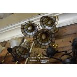 SET OF FOUR MATCHING DECORATIVE BRASS SINGLE BRANCH WALL LIGHTS WITH STAINED GLASS TIFFANY STYLE