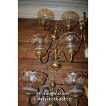 SET OF FIVE MATCHING ORNATE BRASS TWIN BRANCH WALL LIGHTS WITH FLORAL FROSTED DETAIL CLEAR GLASS